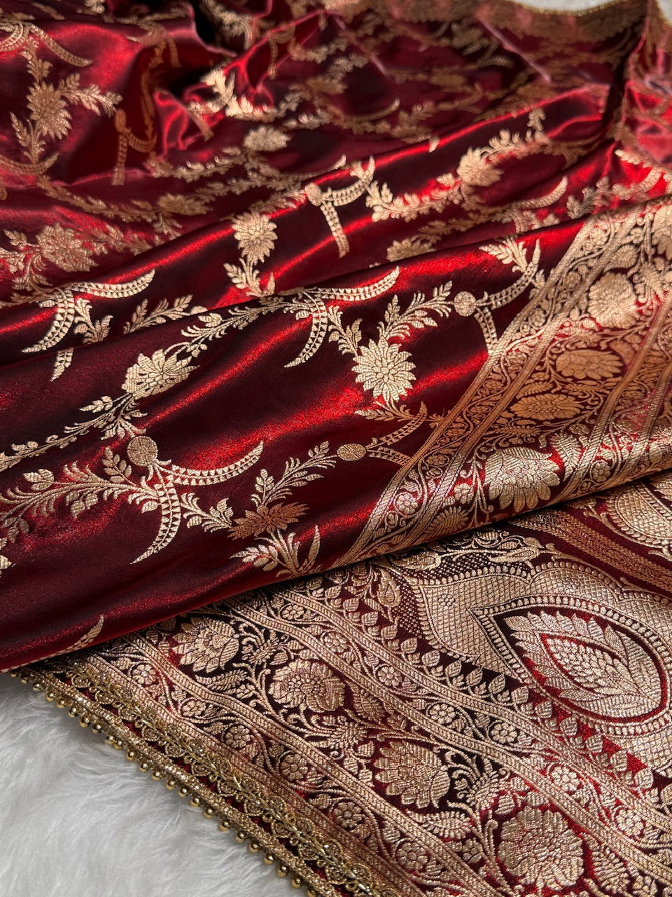 Satin Silk Banarasi Jaal In Maroon Shades with Gota Patti SSGP18