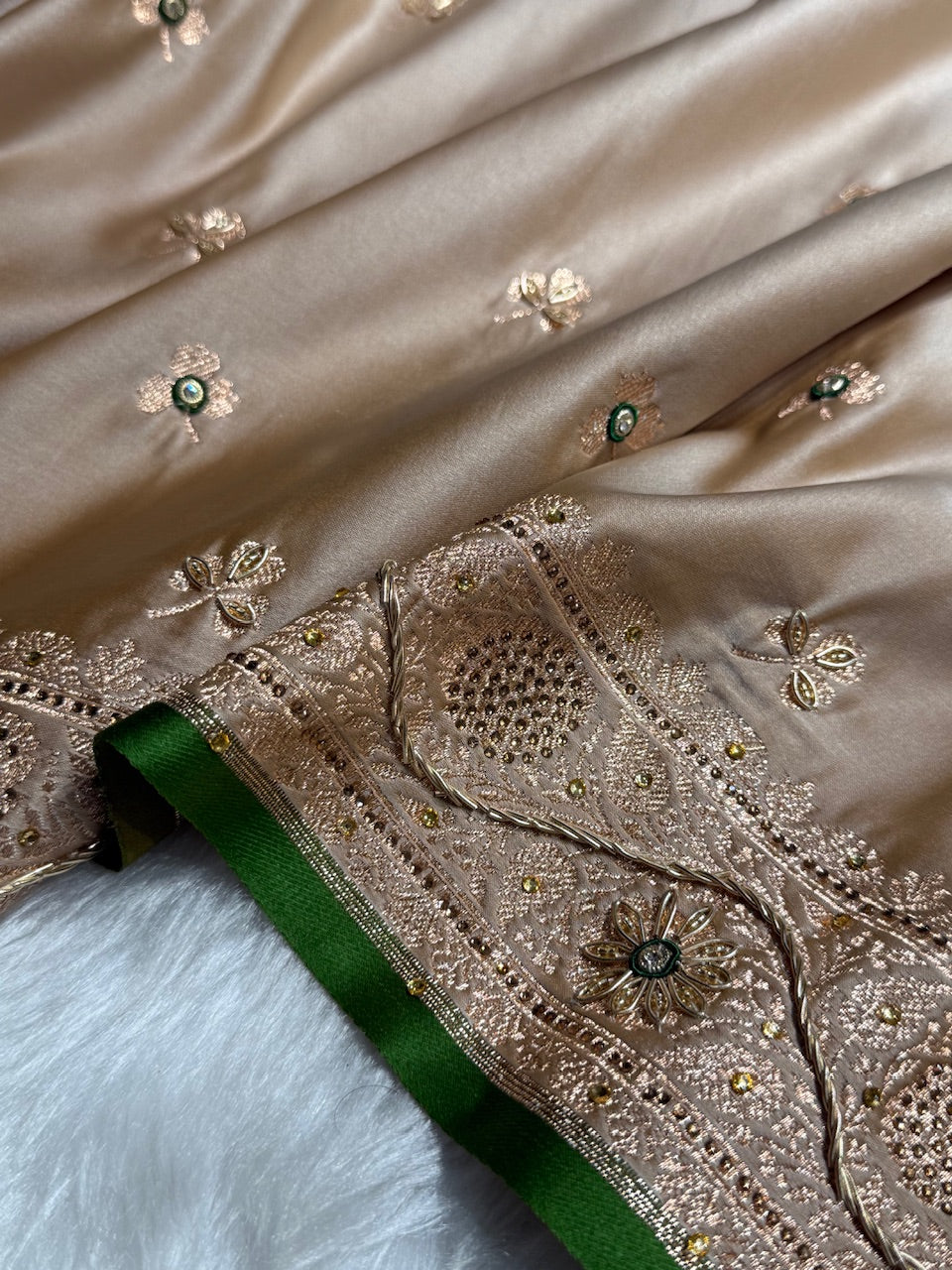 Beige Shades Booti Katan Silk Saree with Stone & Zardozi Work BSK09