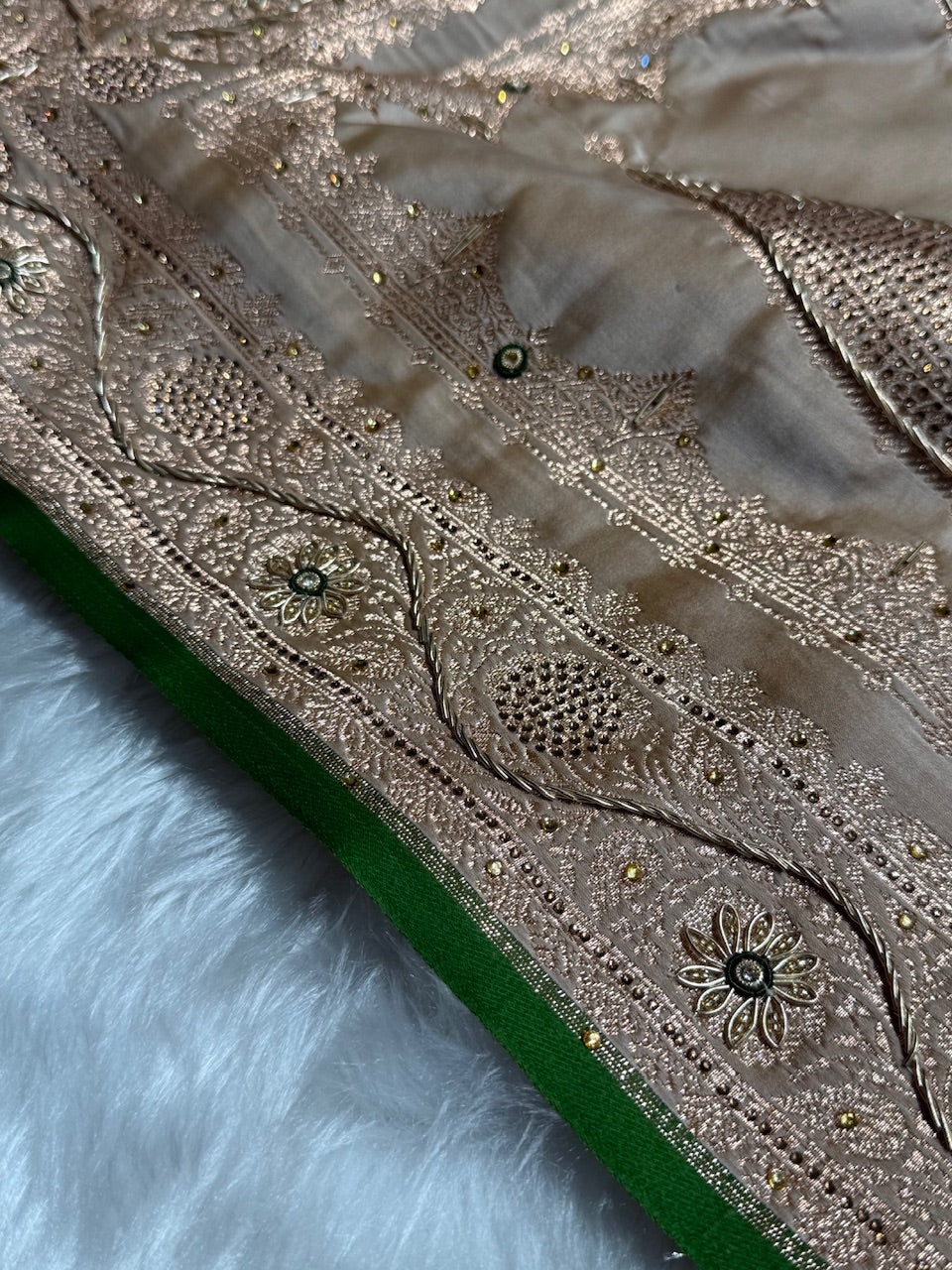 Beige Shades Booti Katan Silk Saree with Stone & Zardozi Work BSK09