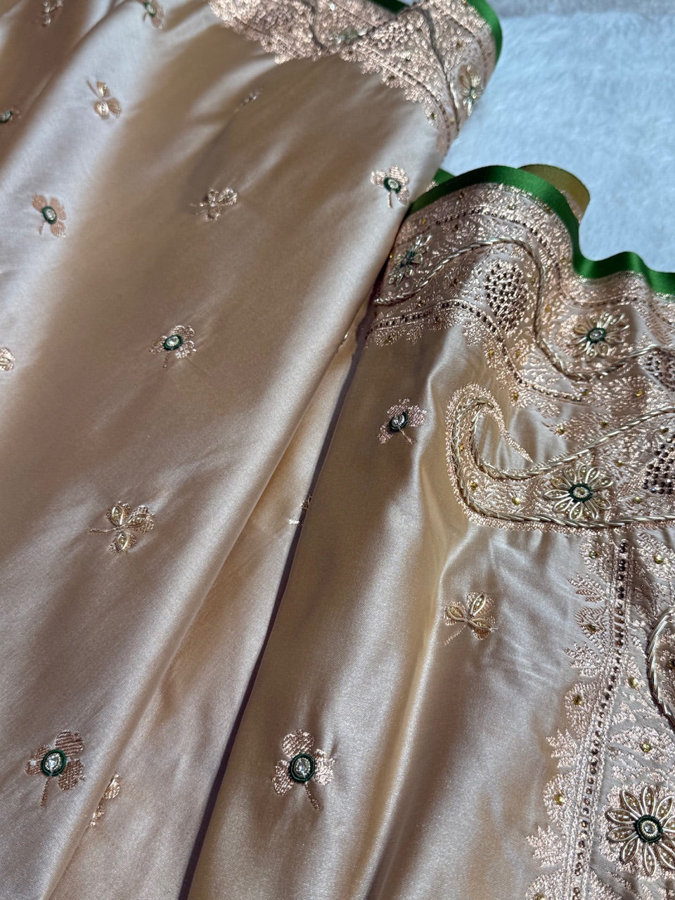 Beige Shades Booti Katan Silk Saree with Stone & Zardozi Work BSK09