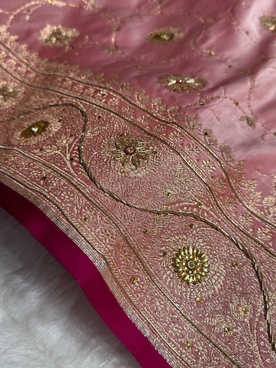 Baby Pink Banarasi Jaal Satin Katan Silk Saree with Stone & Zardozi Work BSK06