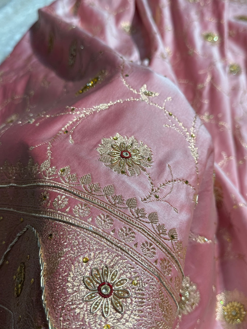 Baby Pink Banarasi Jaal Satin Katan Silk Saree with Stone & Zardozi Work BSK06