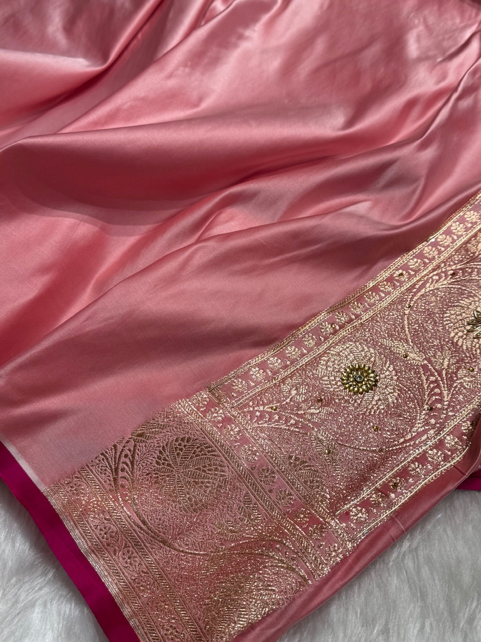 Baby Pink Banarasi Jaal Satin Katan Silk Saree with Stone & Zardozi Work BSK06