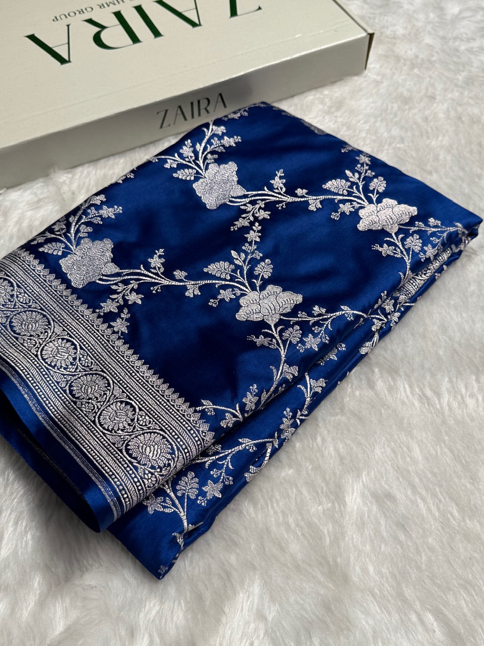 Banarasi Royal Blue Shades Jaal Mashru Silk Saree