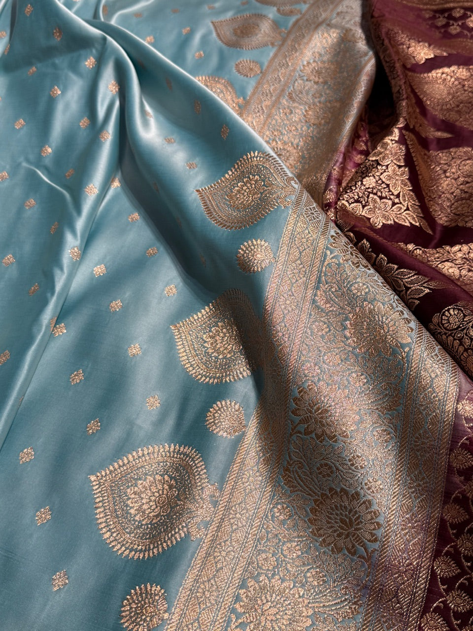 Sky Blue with Chocolate Booti Satin Katan Silk saree SK29