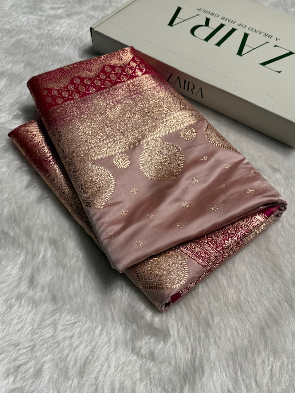 Rose Gold with Rani Booti Satin Katan Silk saree SK29