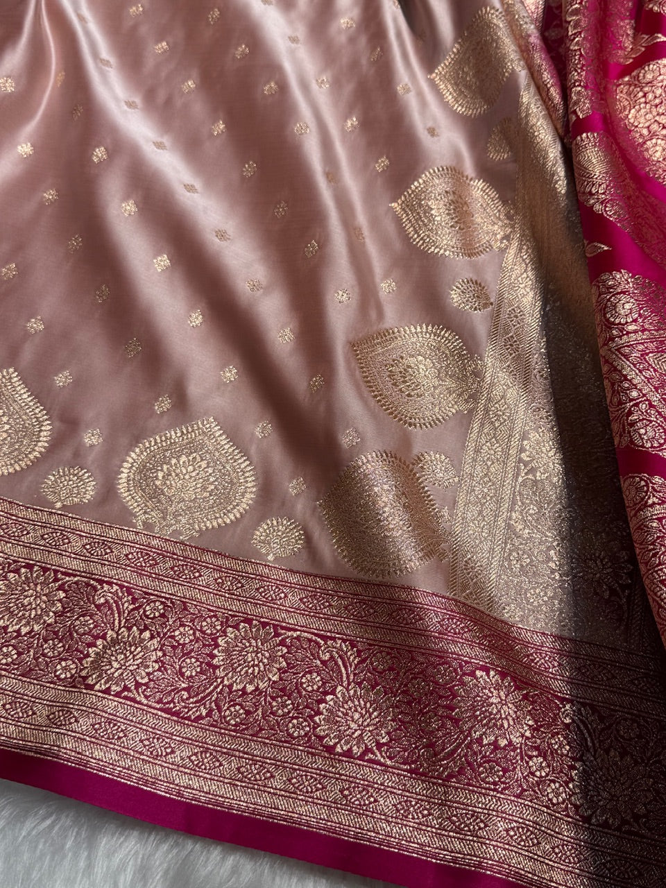Rose Gold with Rani Booti Satin Katan Silk saree SK29