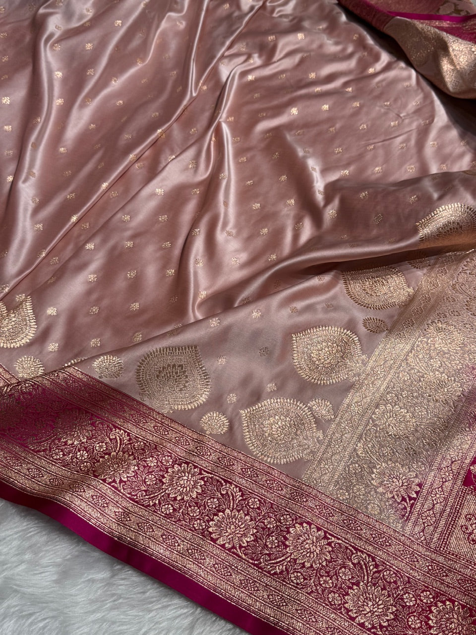 Rose Gold with Rani Booti Satin Katan Silk saree SK29