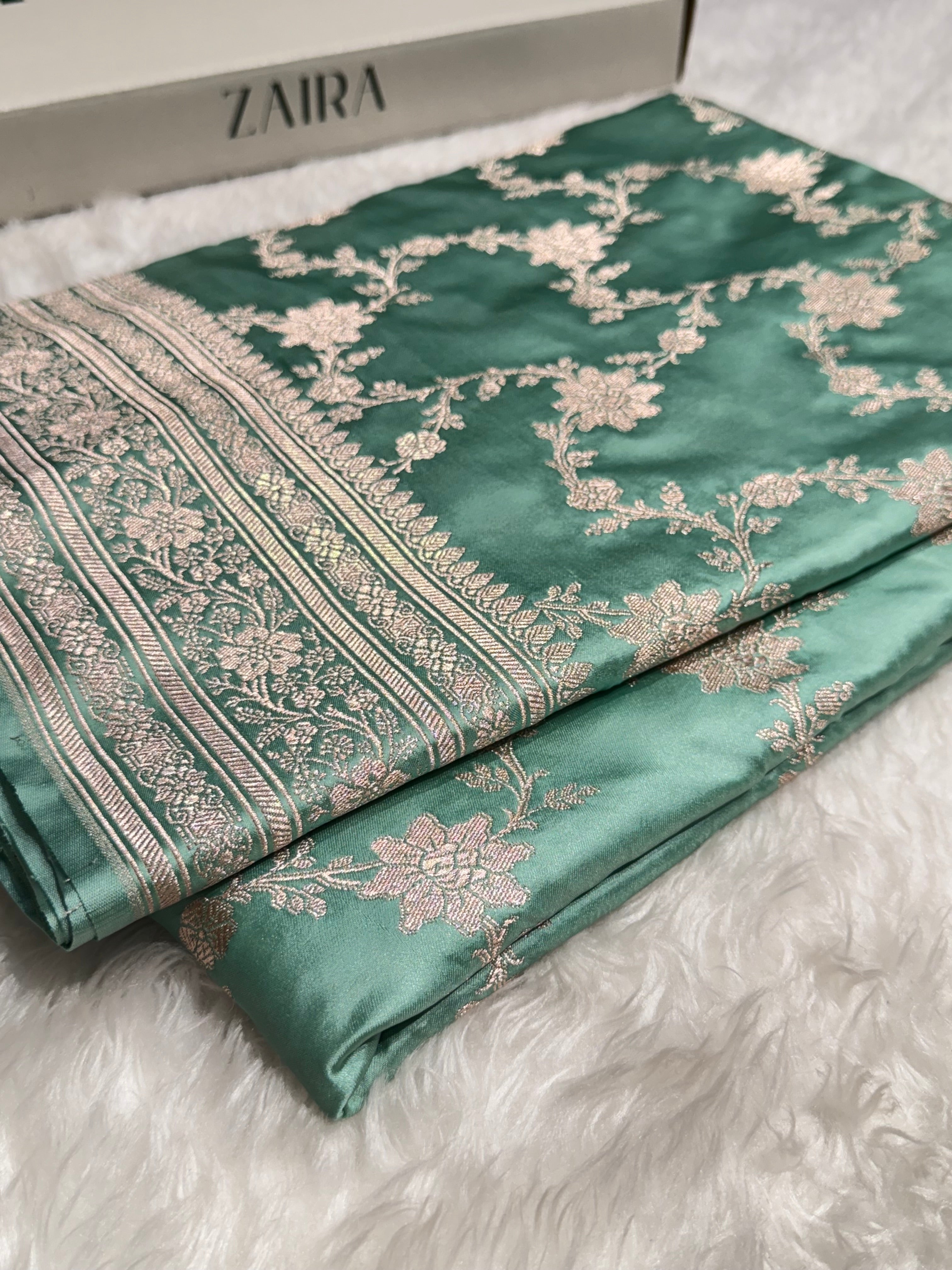 Sea Green Floral Jaal Mashru Silk Saree