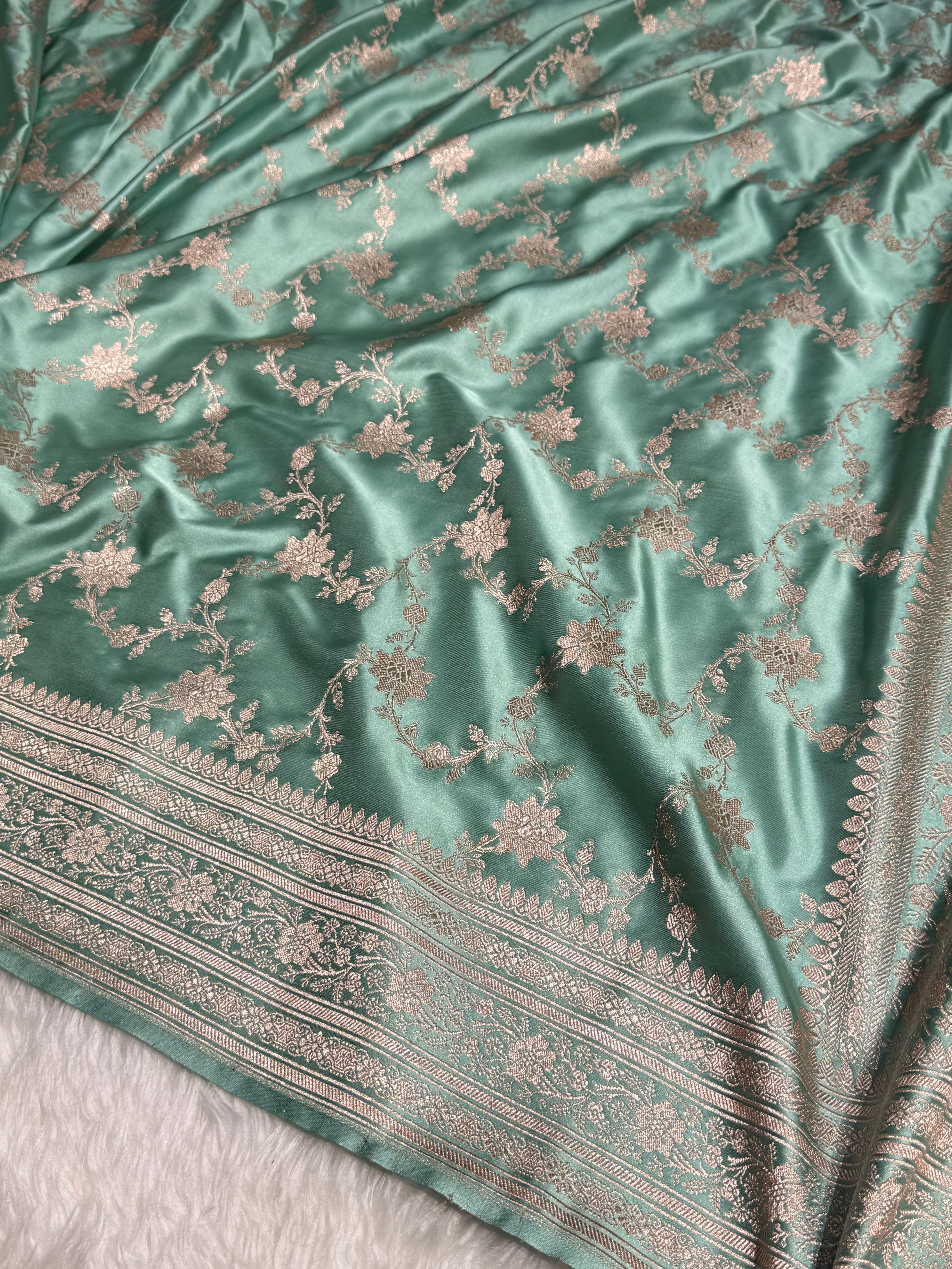 Sea Green Floral Jaal Mashru Silk Saree