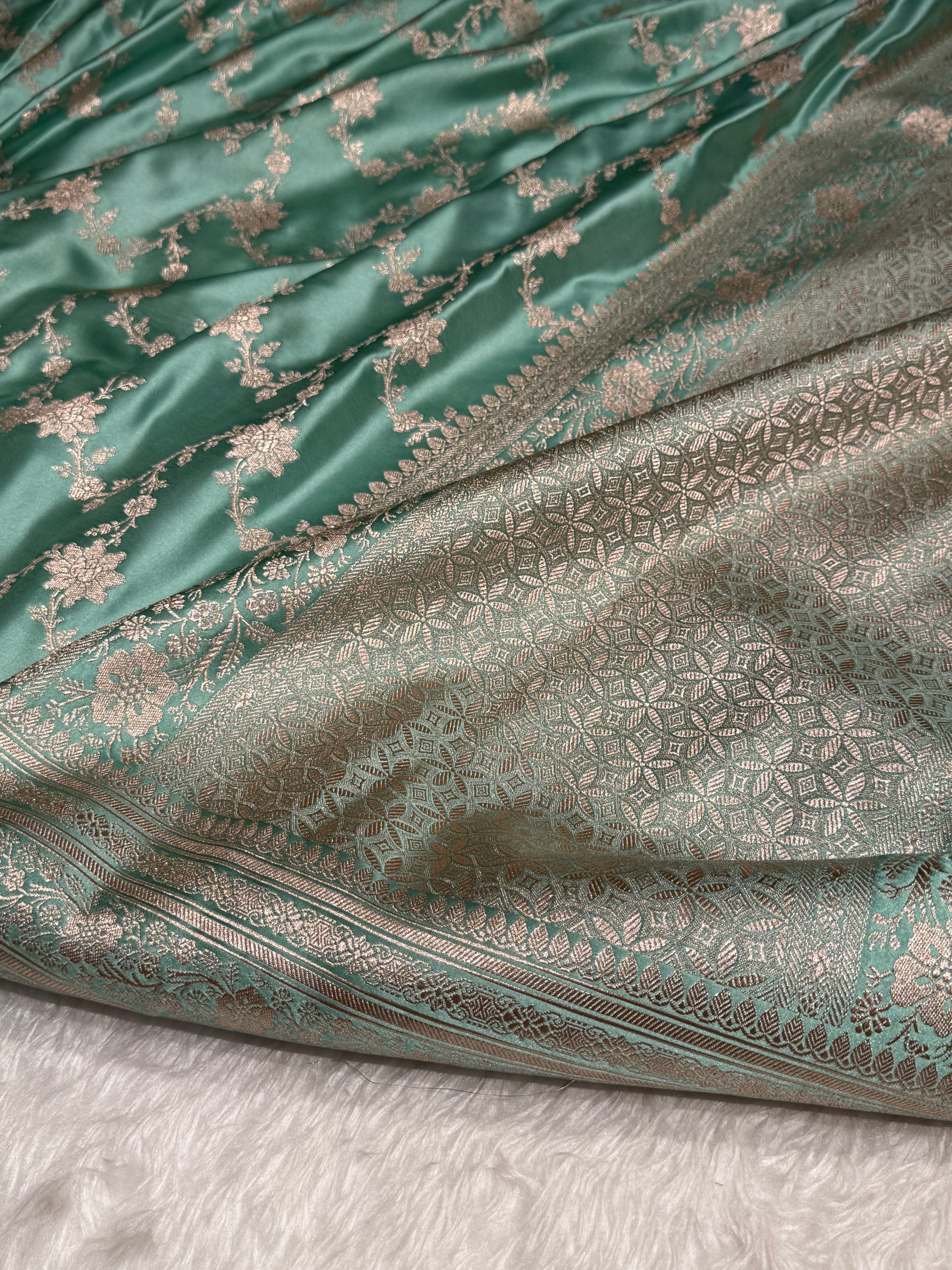 Sea Green Floral Jaal Mashru Silk Saree