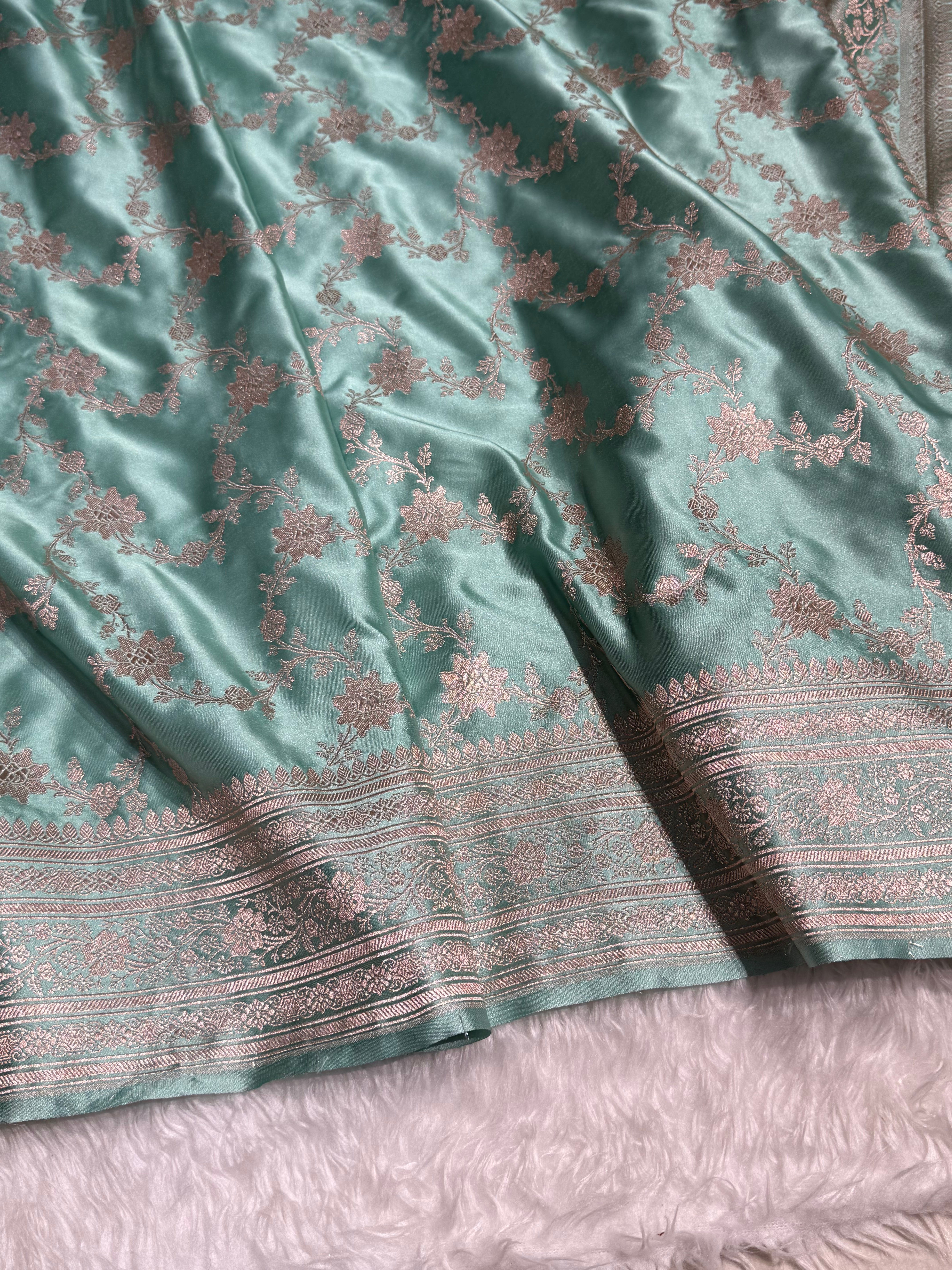 Sea Green Floral Jaal Mashru Silk Saree