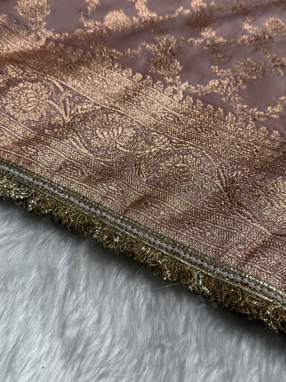 Banarasi Satin Katan Silk Saree In Rose Gold Shades with gotta Patti