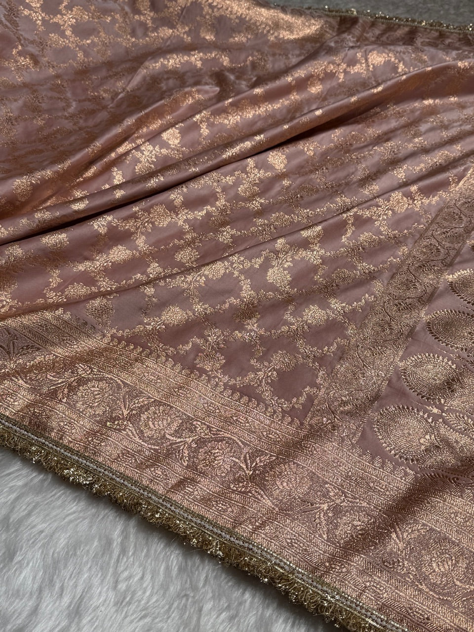 Banarasi Satin Katan Silk Saree In Rose Gold Shades with gotta Patti