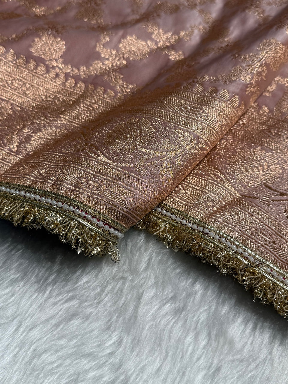 Banarasi Satin Katan Silk Saree In Rose Gold Shades with gotta Patti