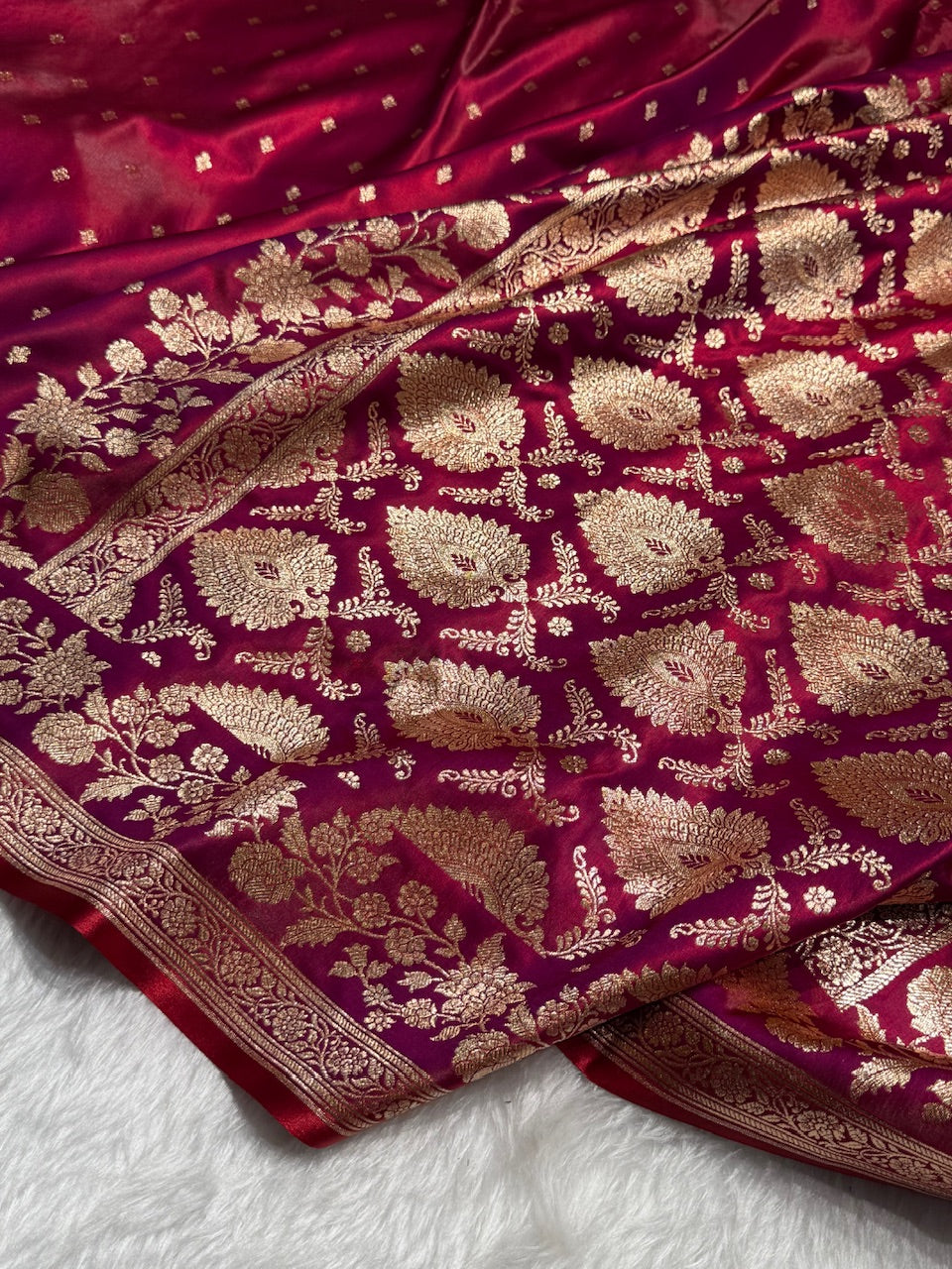 Satin Silk Floral Booti in Purplish Red SS25