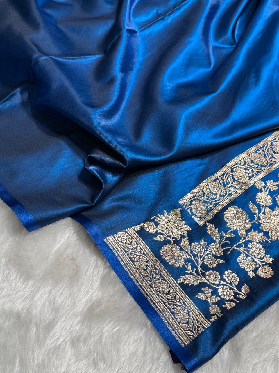 Satin Silk Floral Booti in German Blue SS25