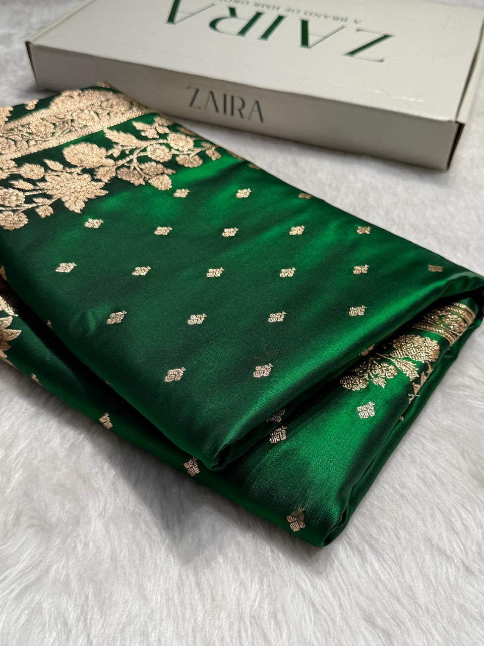 Satin Silk Floral Booti in Bottle Green SS25
