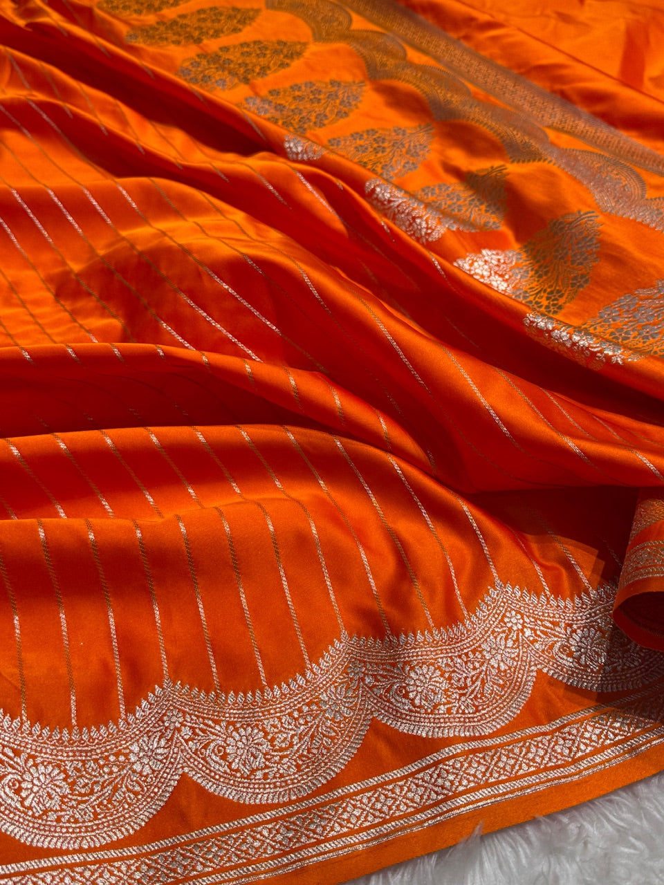 Orange Scallop boota Motif Mashru Silk Saree
