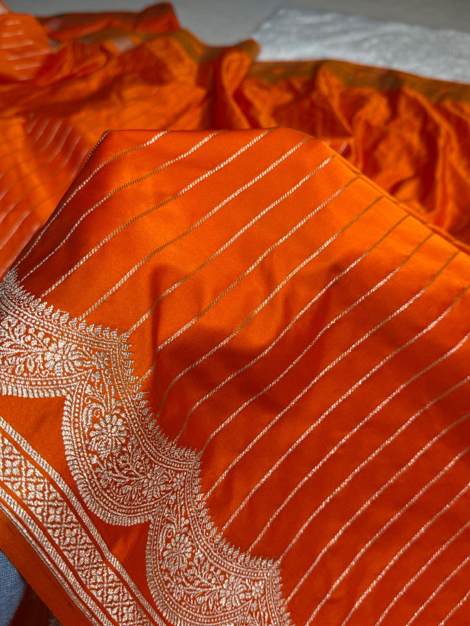 Orange Scallop boota Motif Mashru Silk Saree