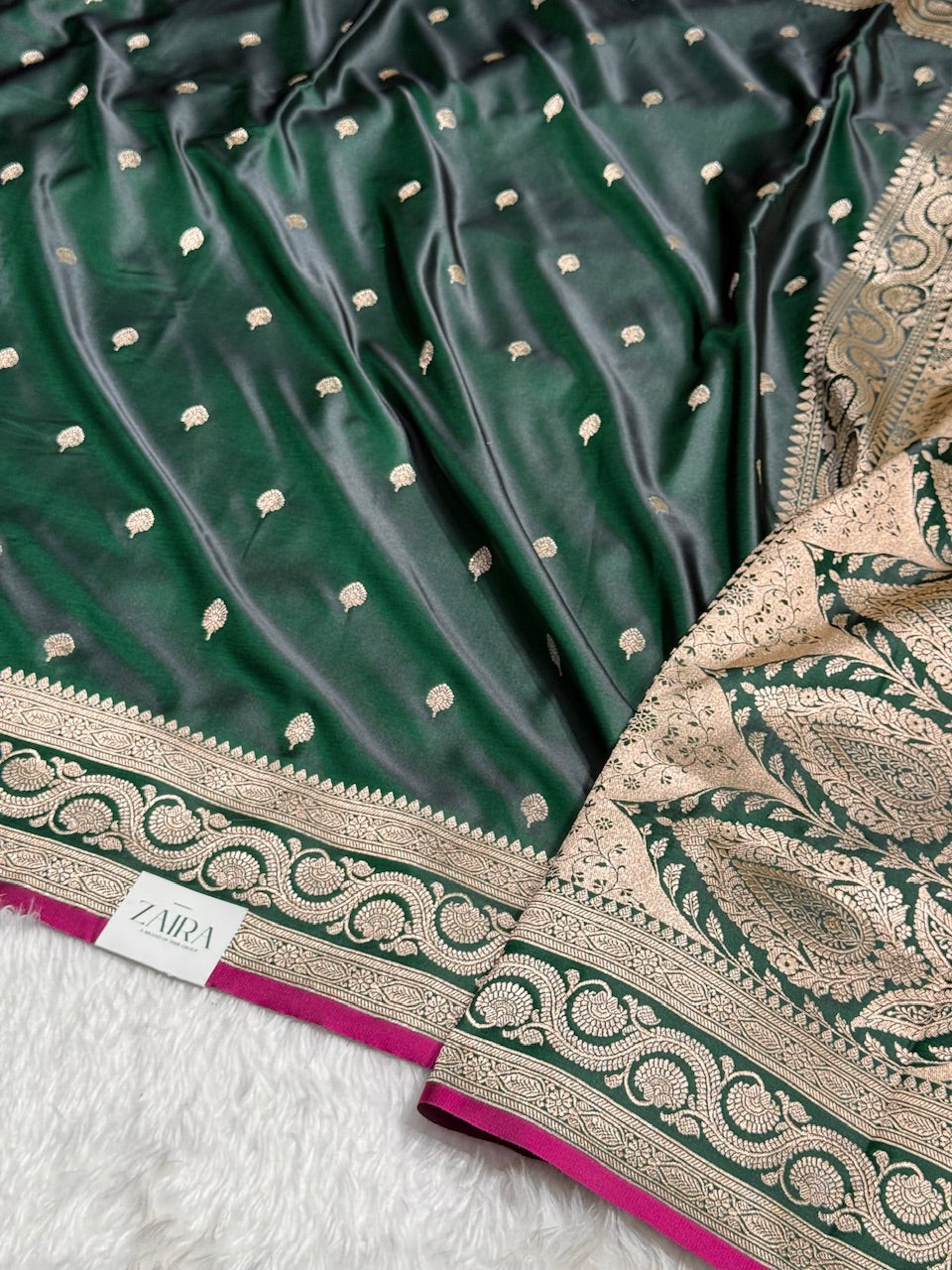 Bottle Green Motif Mashru Silk Saree