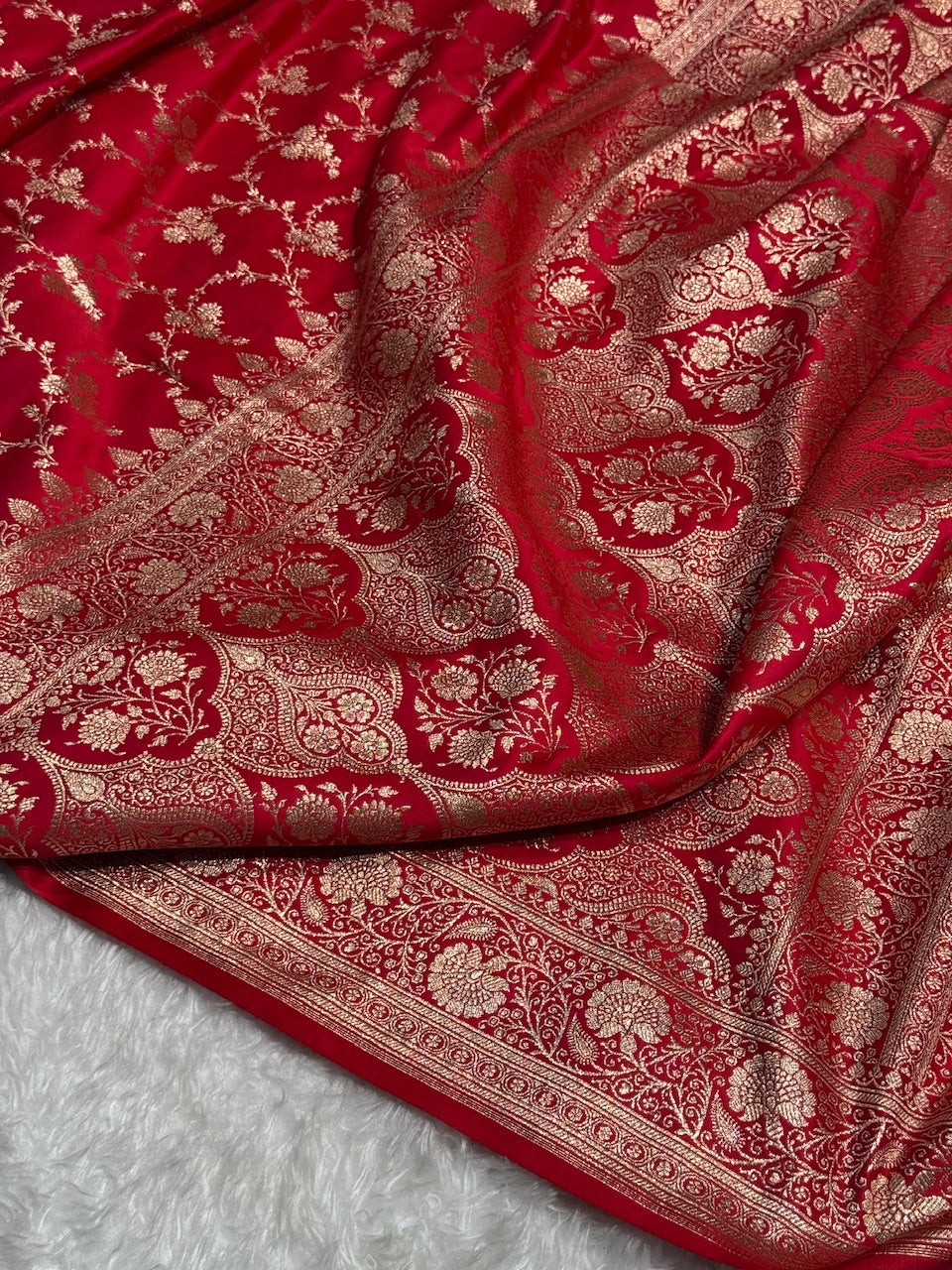Red Banarasi Jaal Katan Silk Saree