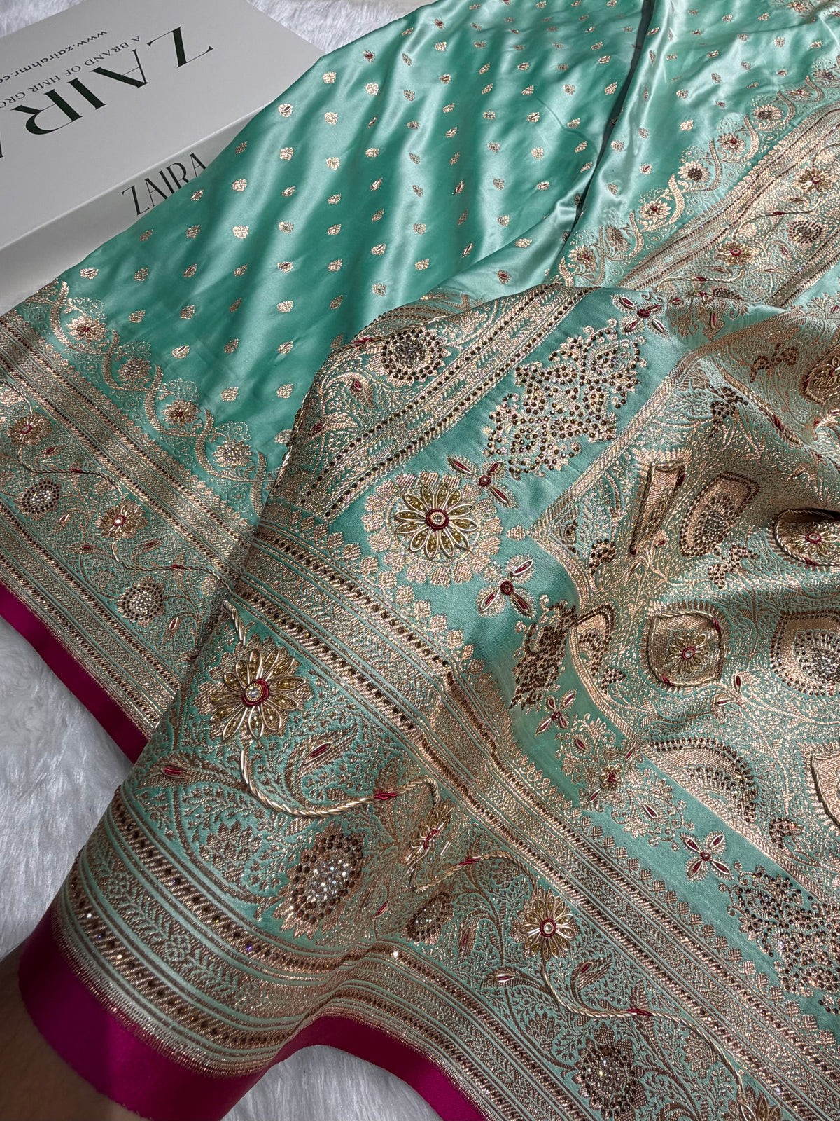 Banarasi Satin Katan Silk Saree With Ari Zardozi And Swarovski Work In Sea Green Shades BSK08