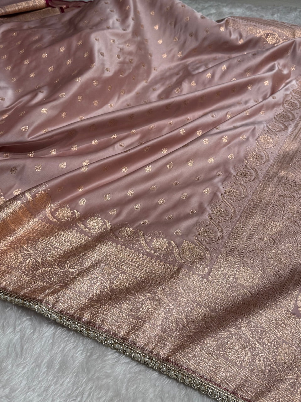 Rose Gold Banarasi Satin Katan Silk Saree with gotta Patti