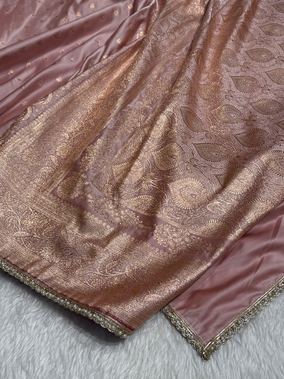 Rose Gold Banarasi Satin Katan Silk Saree with gotta Patti