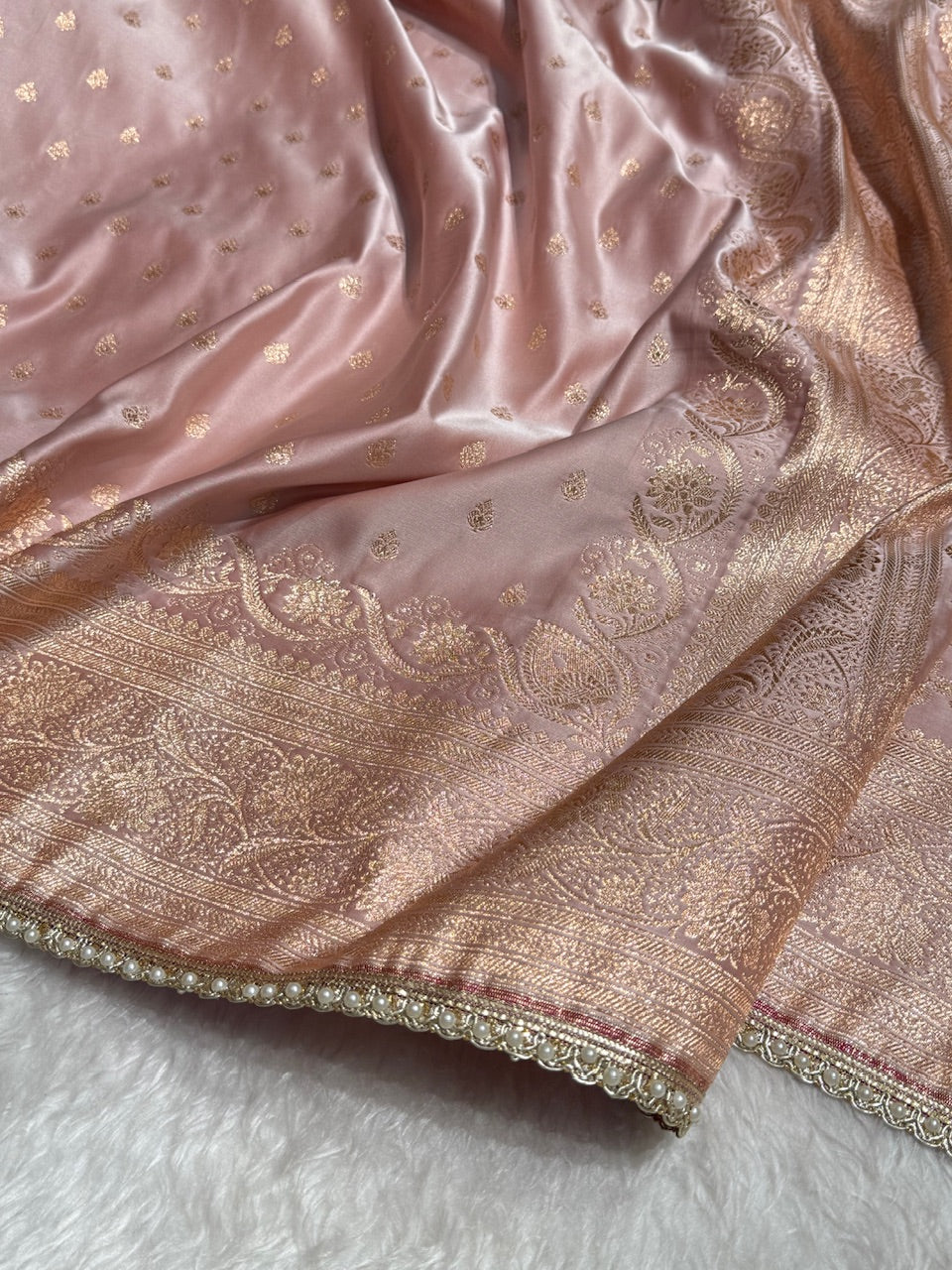 Rose Gold Banarasi Satin Katan Silk Saree with gotta Patti