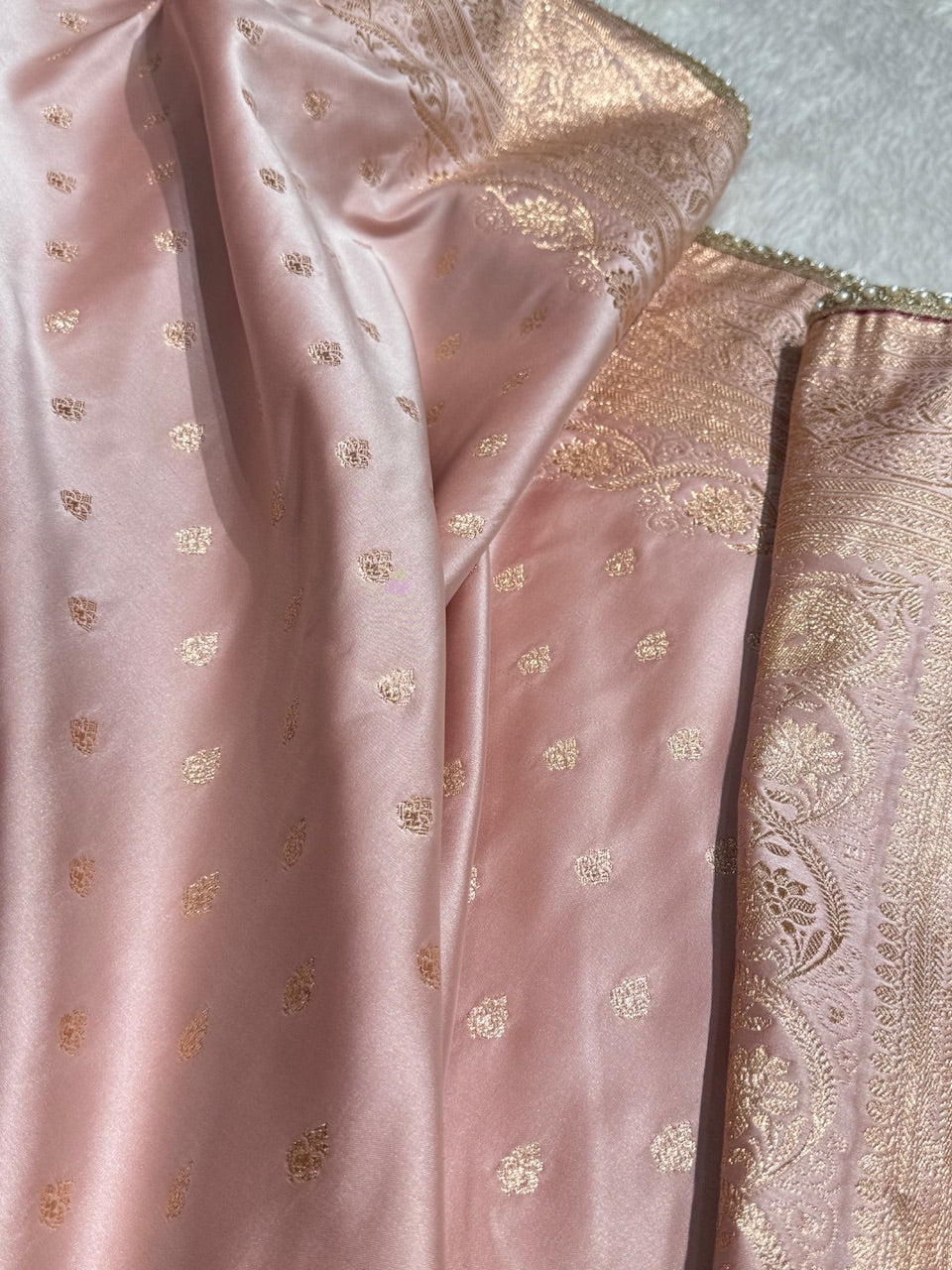 Rose Gold Banarasi Satin Katan Silk Saree with gotta Patti