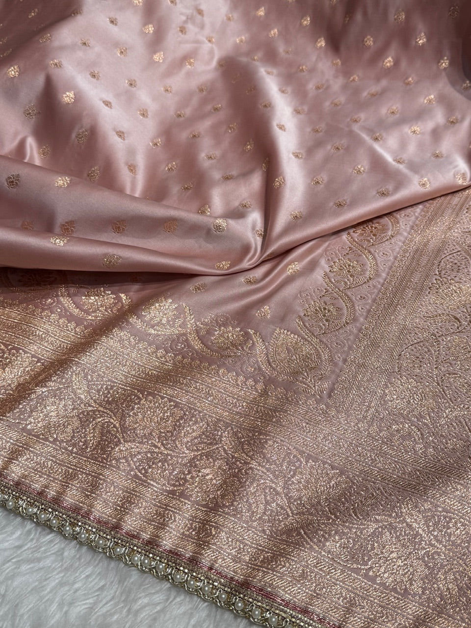 Rose Gold Banarasi Satin Katan Silk Saree with gotta Patti