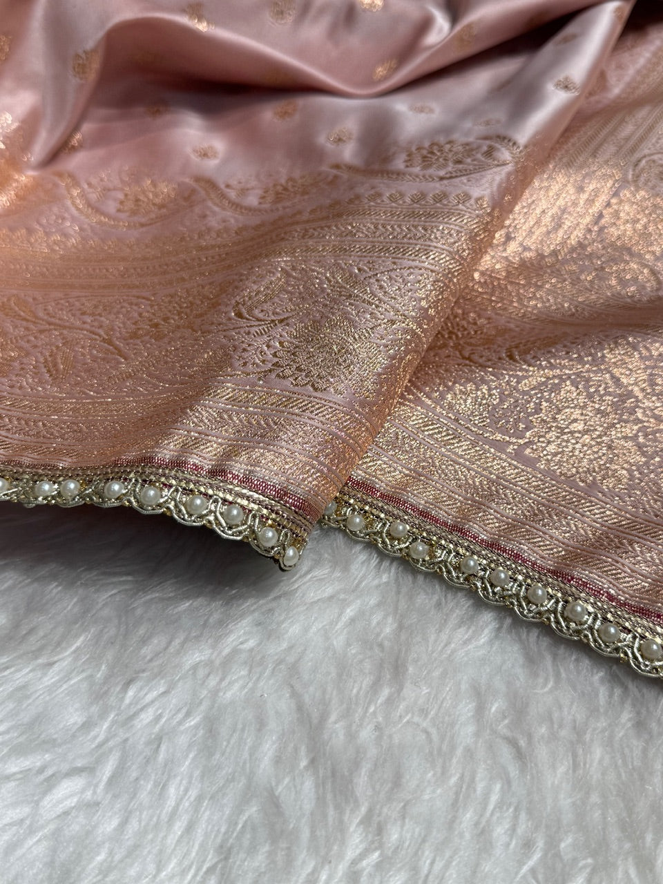 Rose Gold Banarasi Satin Katan Silk Saree with gotta Patti