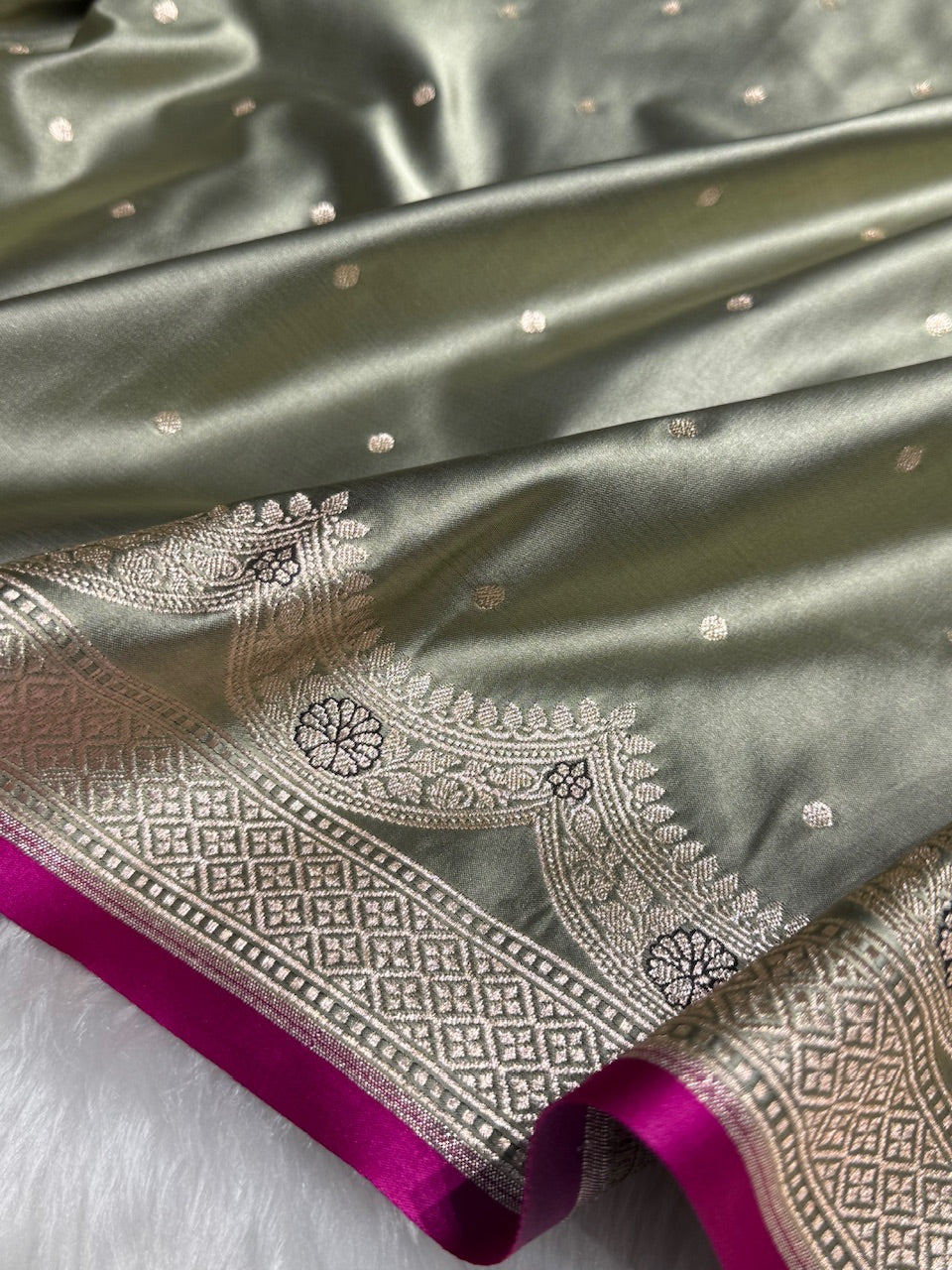 Light Mehandi Shades Scallop Motif Booti Mashru Silk Saree