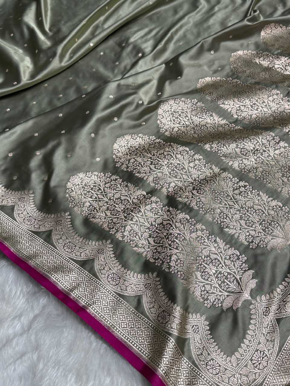 Light Mehandi Shades Scallop Motif Booti Mashru Silk Saree