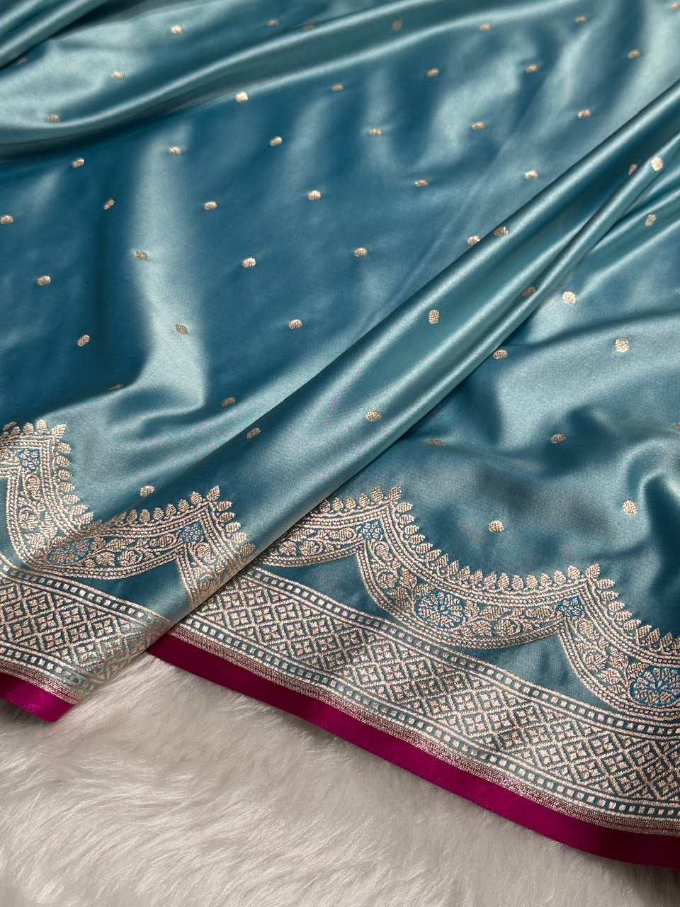 Sky Blue Shades Scallop Motif Booti Mashru Silk Saree