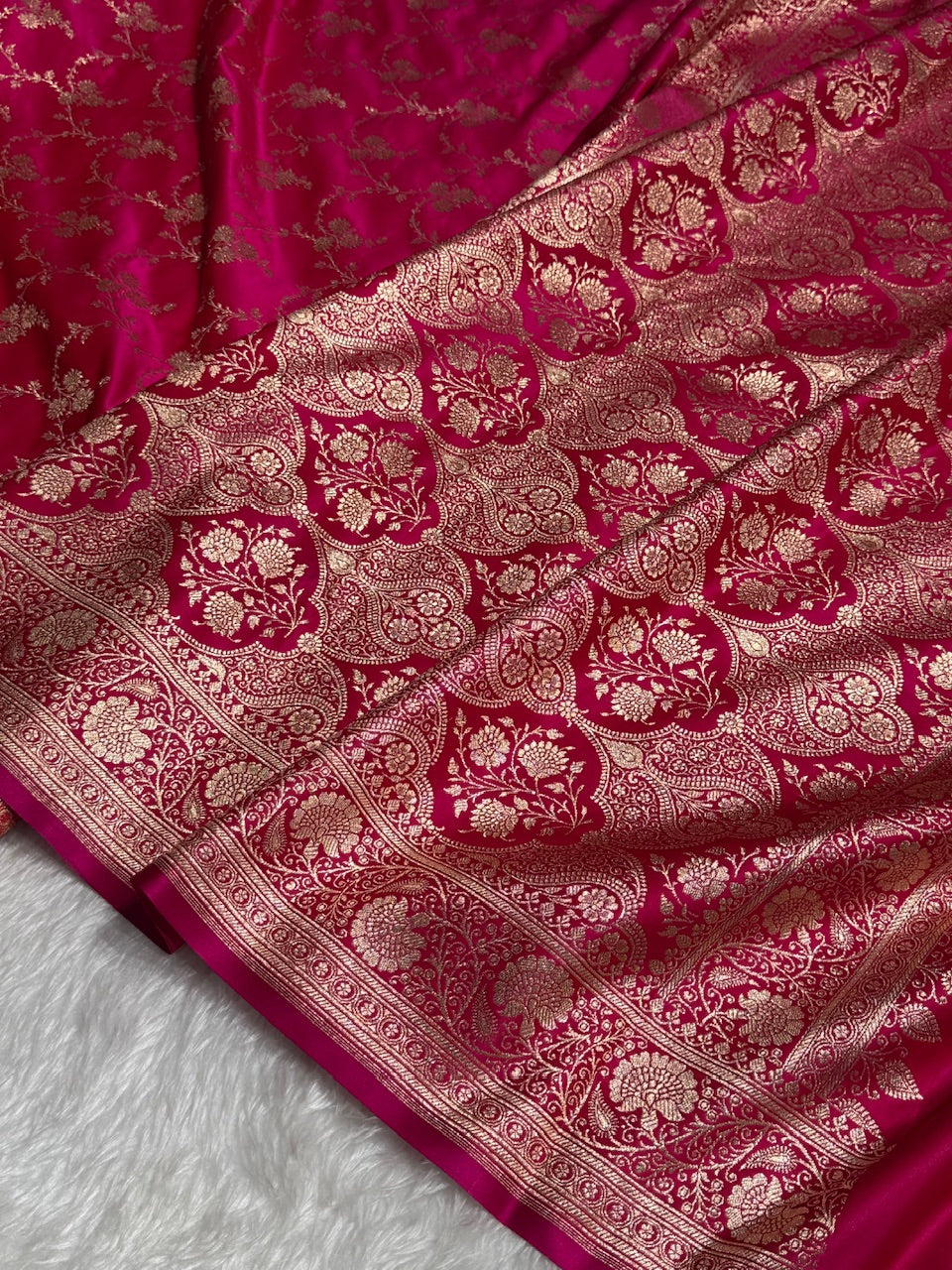 Dark Rose Banarasi Jaal Katan Silk Saree