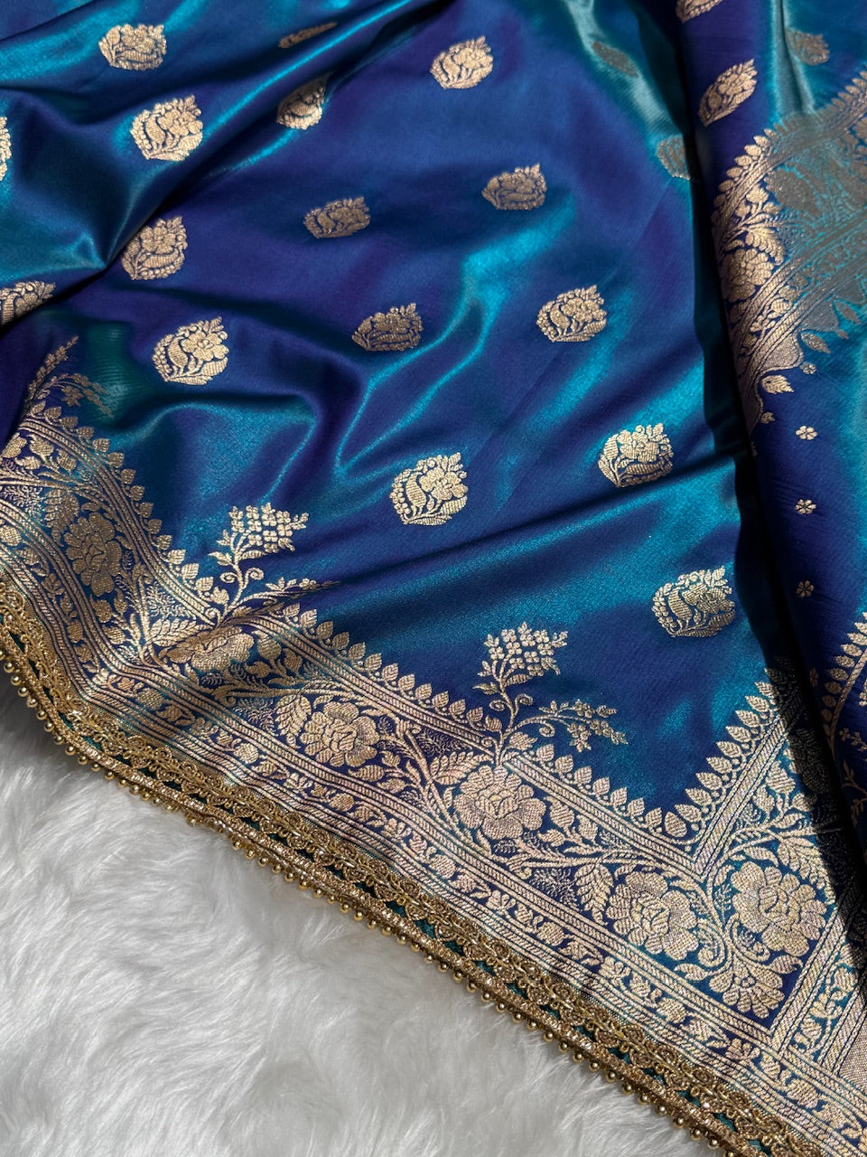 Satin Silk Booti in Teal Blue / Peacock With Gota Patti SSGP20