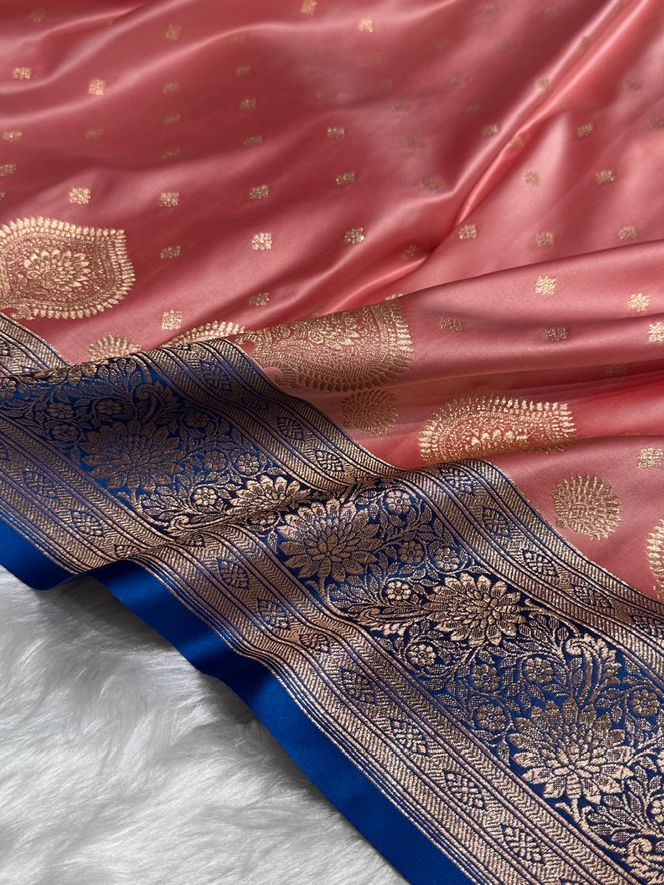 Baby Pink with Royal Blue Booti Satin Katan Silk saree SK29