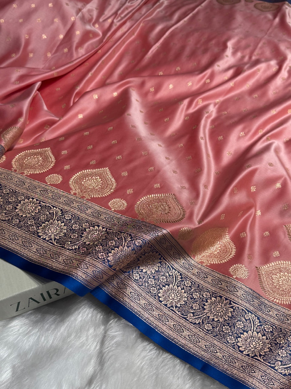 Baby Pink with Royal Blue Booti Satin Katan Silk saree SK29