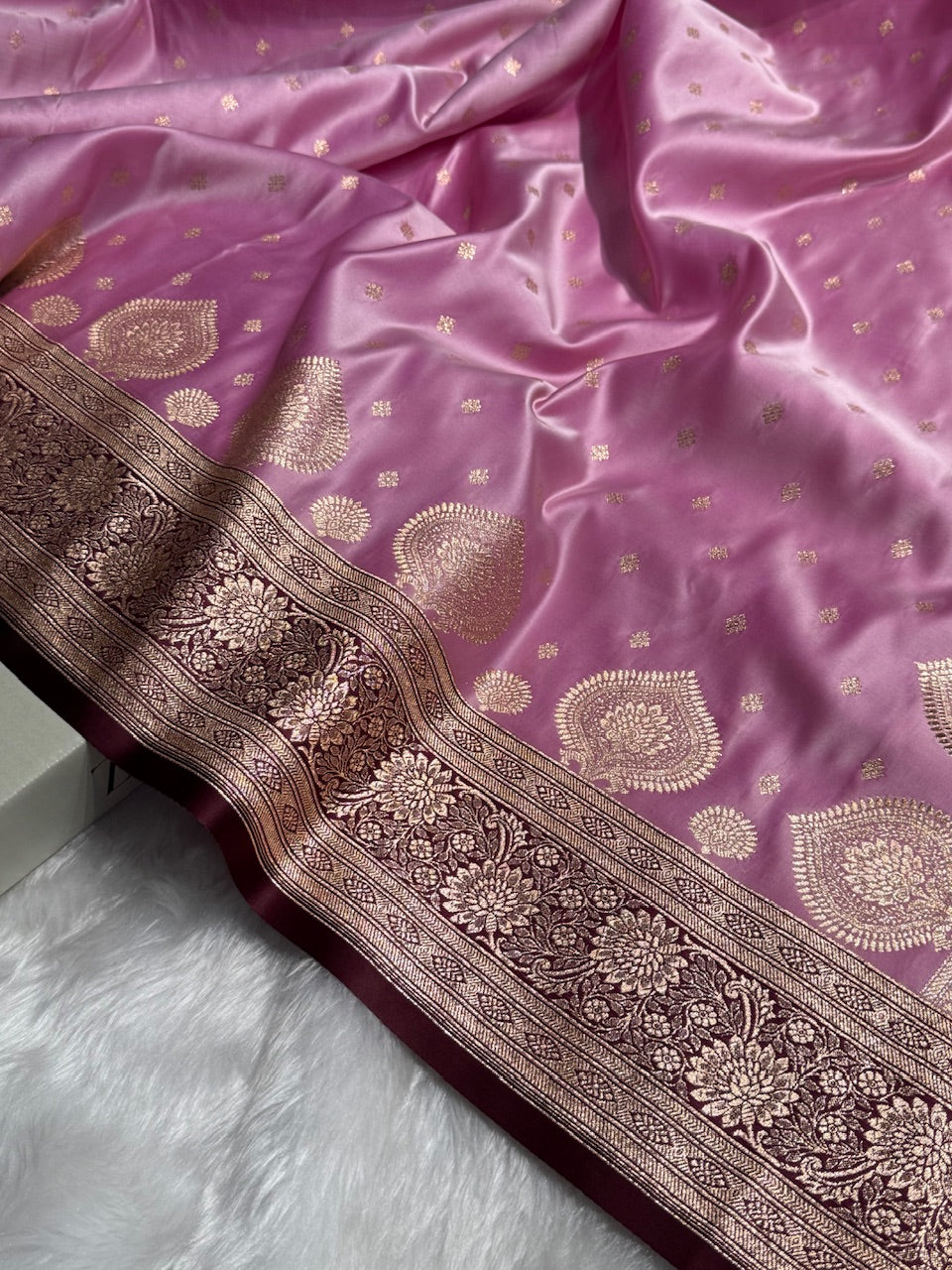 Lavender with Chocolate Booti Satin Katan Silk saree SK29