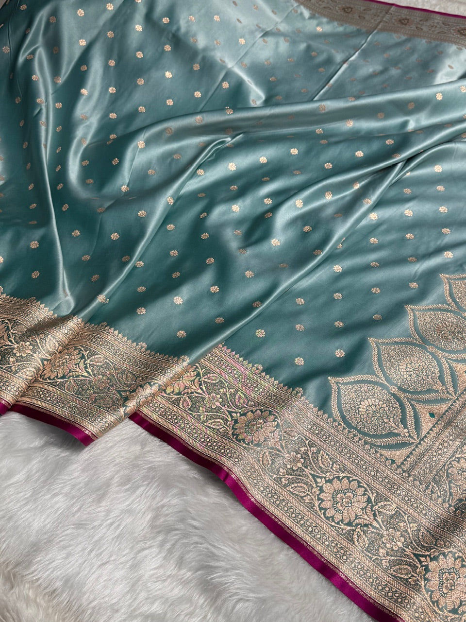 Turquoise Booti Satin katan Silk Saree SK11