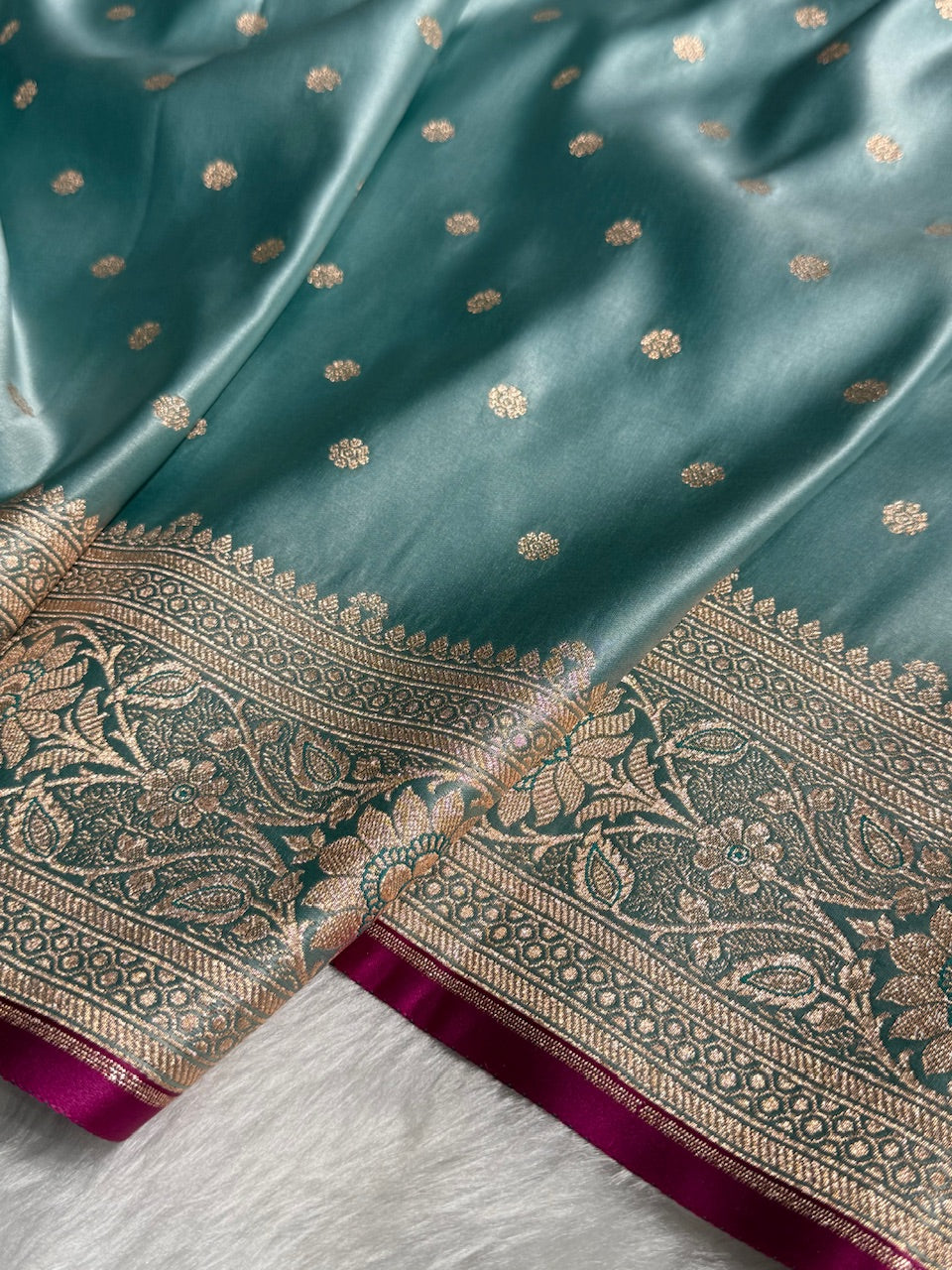 Turquoise Booti Satin katan Silk Saree SK11