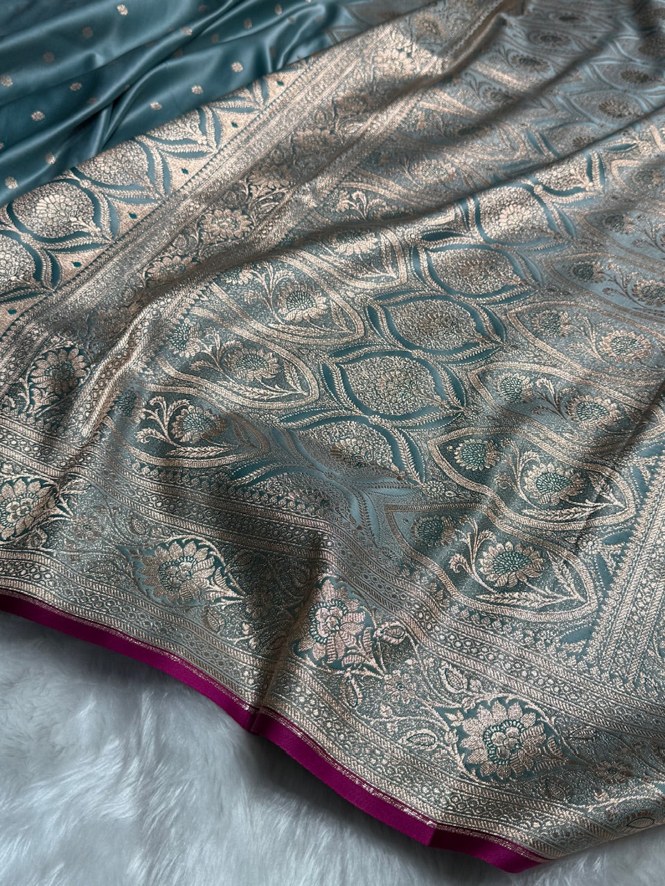 Turquoise Booti Satin katan Silk Saree SK11