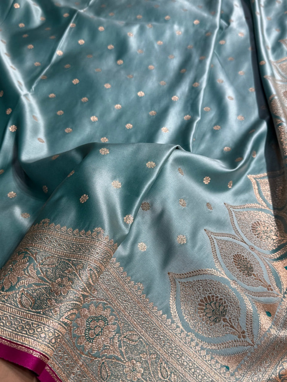 Turquoise Booti Satin katan Silk Saree SK11