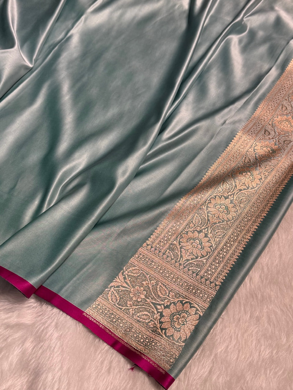 Turquoise Booti Satin katan Silk Saree SK11