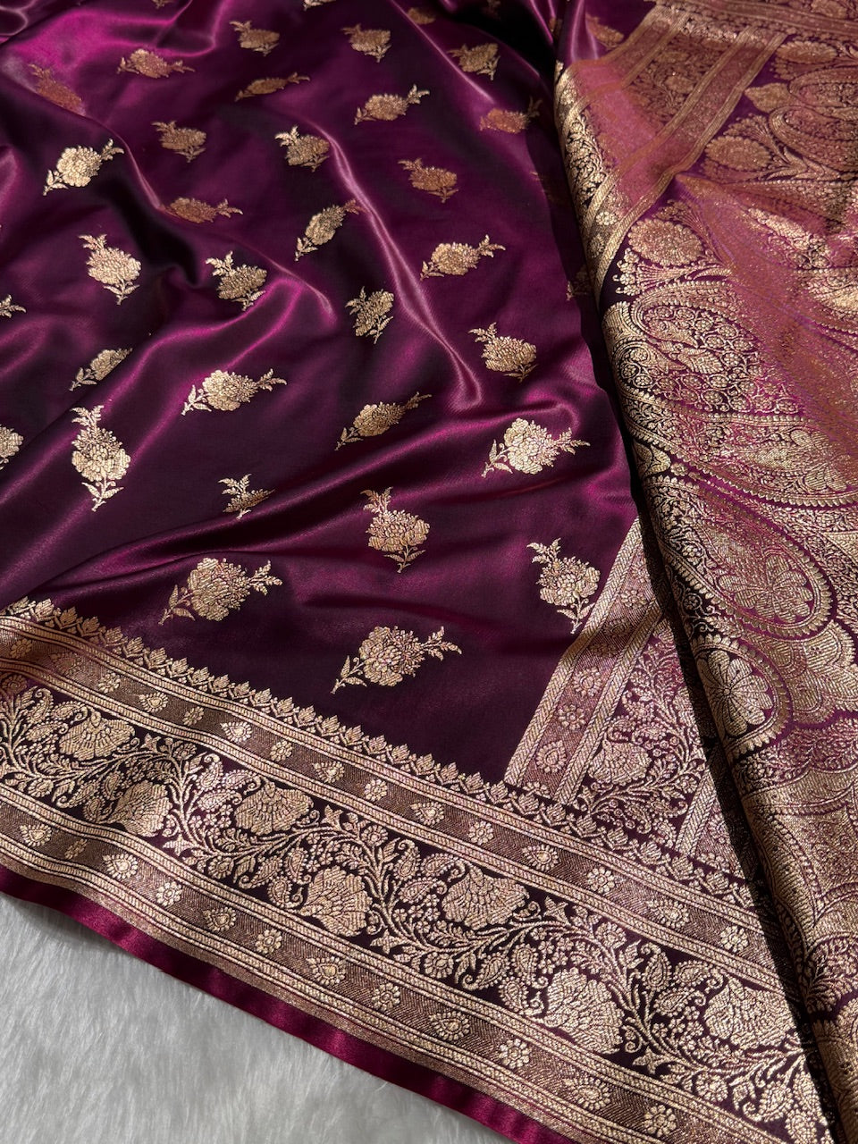 Satin Silk Saree Floral Boota in Wine Shades SS26