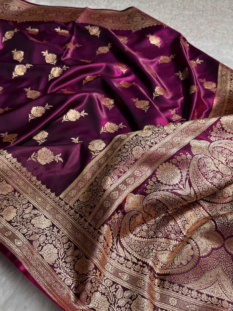 Satin Silk Saree Floral Boota in Wine Shades SS26