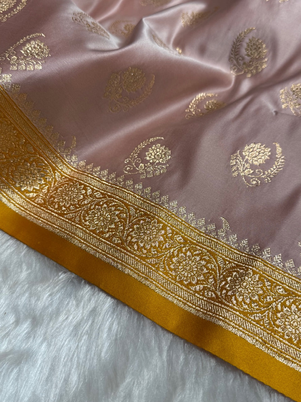 Rose Gold with Mustard Floral Boota Satin Katan Silk saree SK27