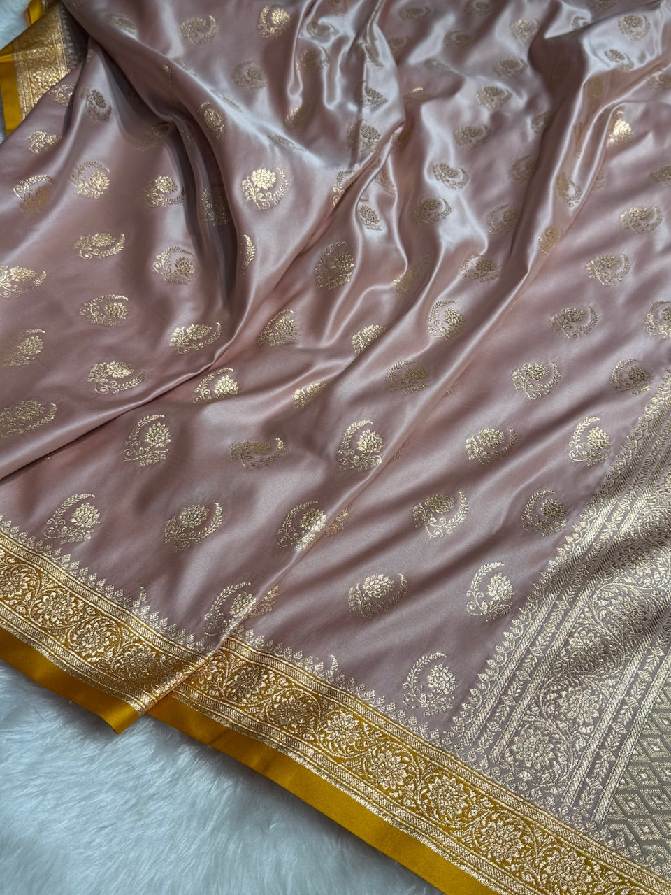 Rose Gold with Mustard Floral Boota Satin Katan Silk saree SK27
